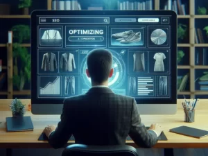 A person at a desk analysing the SEO of images of products on a computer screen.