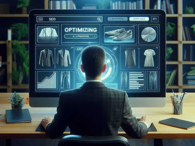 A person at a desk analysing the SEO of images of products on a computer screen.