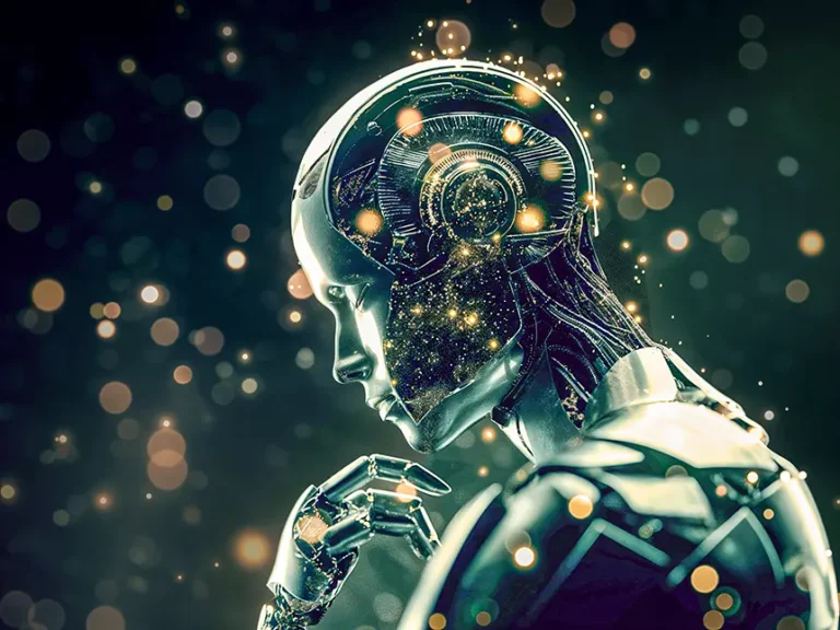 A contemplative humanoid robot with a highly detailed mechanical design gazes into the distance, surrounded by a brilliant bokeh effect that highlights its AI in e-commerce orientated futuristic essence