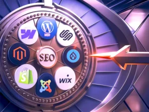 Uma imagem digital colorida apresentando uma roda da furtuna com nove logotipos de plataformas de desenvolvimento web e um ícone "SEO" organizado em um círculo. Os logotipos incluem WordPress, WooCommerce, Squarespace, Magento, Drupal, Wix, Shopify, Joomla e Webflow. Qual o melhor CMS para SEO?