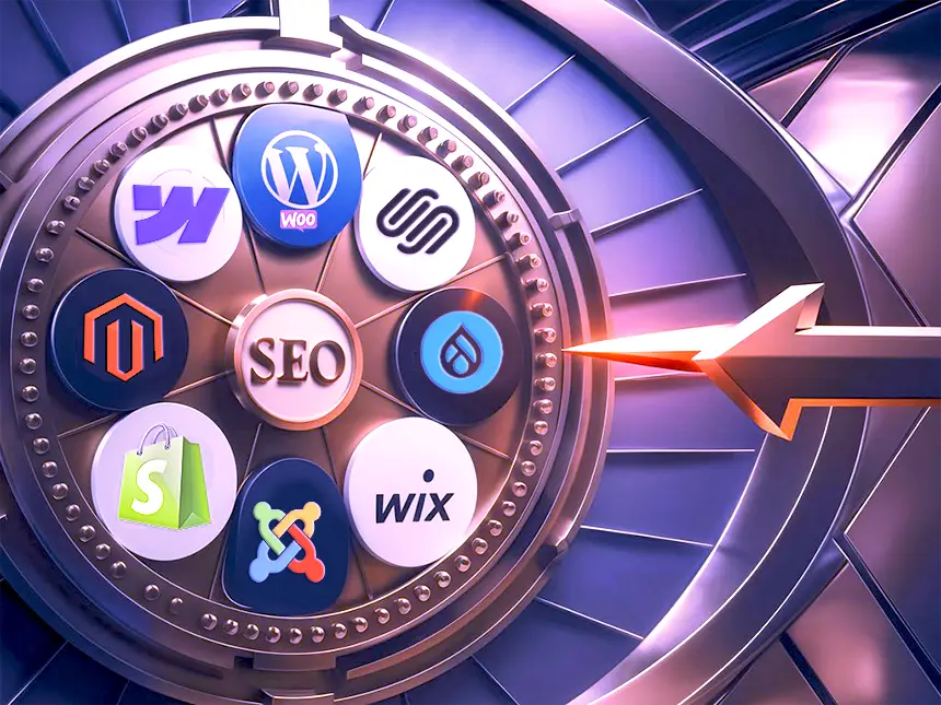 Uma imagem digital colorida apresentando uma roda da furtuna com nove logotipos de plataformas de desenvolvimento web e um ícone "SEO" organizado em um círculo. Os logotipos incluem WordPress, WooCommerce, Squarespace, Magento, Drupal, Wix, Shopify, Joomla e Webflow. Qual o melhor CMS para SEO?