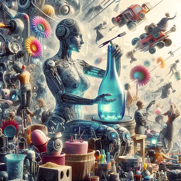 A robot holding a bottle in the middle of various old objects, highlighting sustainability efforts. A robot holding a bottle in the middle of various old objects, highlighting sustainability efforts.