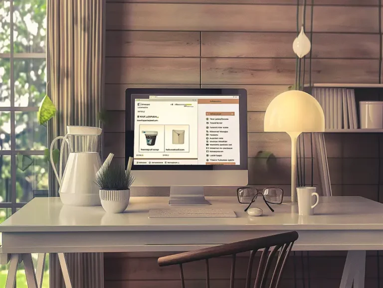 A workspace with a computer on a table displaying e-commerce technologies on a website. The scene includes a white lamp, glasses, a plant and a cup of coffee in a sunlit room with wooden walls.