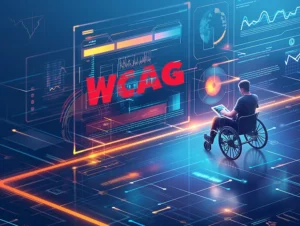 A person in a wheelchair interacts with futuristic holographic interfaces symbolising accessibility, including WCAG standards and advanced technology in data management and analysis.