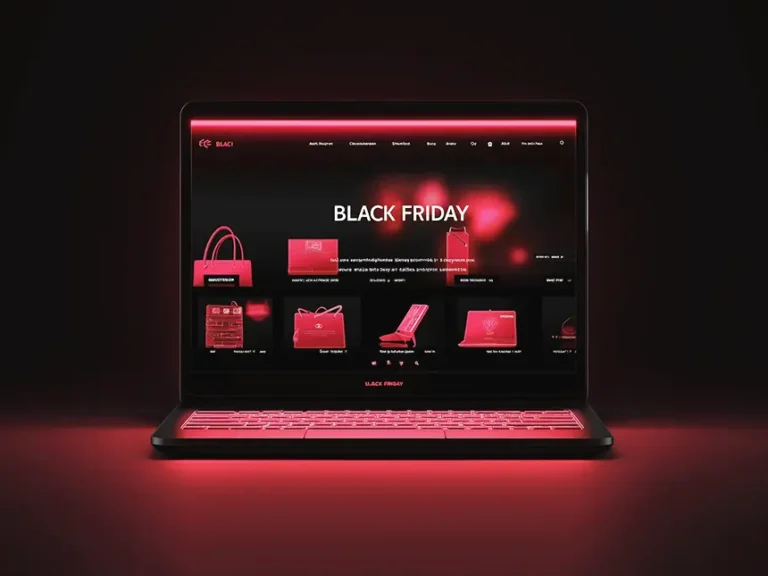 A laptop displaying a Black Friday sale web page with a dark theme. The screen shows images of products highlighted in red, including bags and accessories, against a black background. The laptop's keyboard and the surrounding area emit a red glow, highlighting the promotional theme.