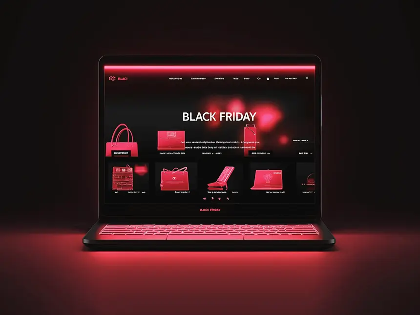 A laptop displaying a Black Friday sale web page with a dark theme. The screen shows images of products highlighted in red, including bags and accessories, against a black background. The laptop's keyboard and the surrounding area emit a red glow, highlighting the promotional theme.