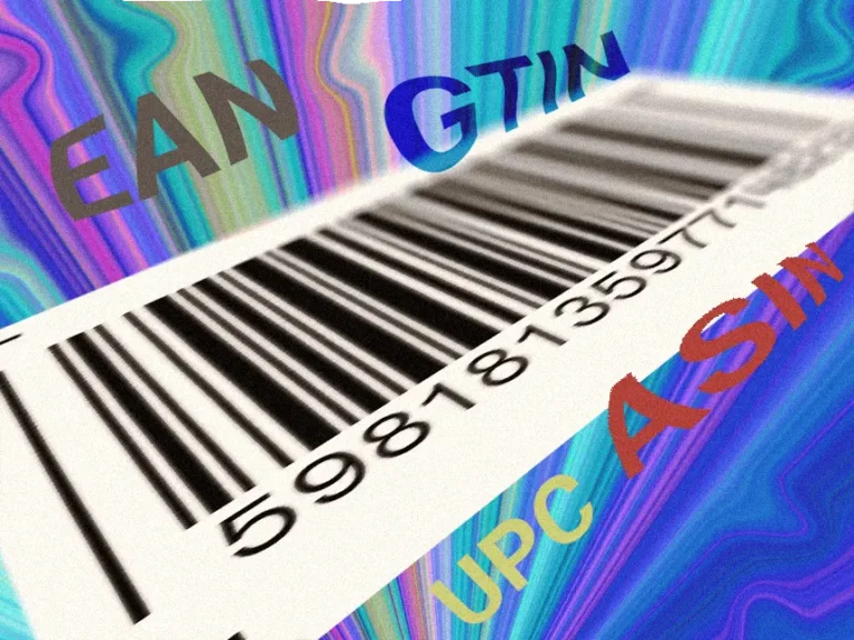 A close-up image of a barcode on a white label, with the numbers 598181359777. Surrounding the barcode are the words EAN, GTIN, UPC and ASIN in coloured text. The background is a psychedelic, spiral pattern with vibrant shades of blue, green, purple and pink. EAN codes
