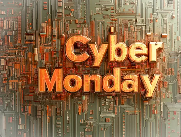 The image features the bold, orange text ‘Cyber Monday’ against a background reminiscent of a complex, metallic circuit board with intricate electronic patterns. The soft greens and dark tones of the circuit board emphasise the vibrant orange lettering, creating a technology-themed aesthetic.