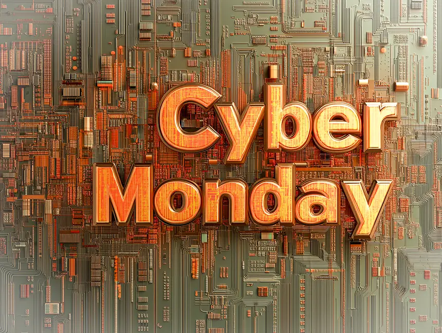 The image features the bold, orange text ‘Cyber Monday’ against a background reminiscent of a complex, metallic circuit board with intricate electronic patterns. The soft greens and dark tones of the circuit board emphasise the vibrant orange lettering, creating a technology-themed aesthetic.