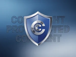A blue shield with a silver outline and the letter "C" in the centre is prominently placed against a gradient blue background. The text "COPYRIGHT PROTECTED CONTENT" is subtly incorporated into the background in a darker shade of blue, signifying DMCA protection.