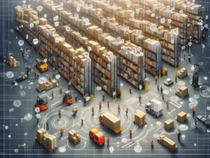 3D rendering of an e-fulfilment warehouse full of people and boxes.