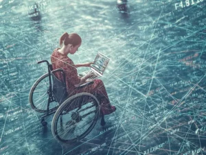 Uma mulher em uma cadeira de rodas usa um laptop, imersa num ambiente de rede digital. Linhas azuis e verdes se cruzam ao redor dela, ao lado de fórmulas matemáticas e números. O seu foco destaca temas de tecnologia e acessibilidade, ecoando os princípios da Lei da Acessibilidade Eletrónica.
