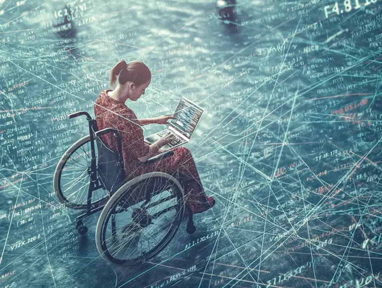A woman in a wheelchair uses a laptop, immersed in a digital network environment. Blue and green lines criss-cross around her, alongside mathematical formulae and numbers. Its focus emphasises themes of technology and accessibility, echoing the principles of the Electronic Accessibility Law.