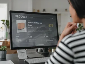 Uma pessoa está sentada em uma mesa, olhando para um monitor de computador exibindo uma página de produto com detalhes de preços e política de devolução em conformidade com leis-de-protecao-do-consumidor. A tela mostra uma mesa de cabeceira de madeira com preço de $ 79. O indivíduo está vestido com uma camisa listrada preta e branca, com um fundo desfocado de uma sala moderna e bem iluminada.