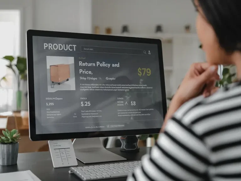 A person is sitting at a desk, looking at a computer monitor displaying a product page with price details and a return policy that complies with consumer protection laws. The screen shows a wooden bedside table priced at $79. The individual is dressed in a black and white striped shirt, with a blurred background of a modern, well-lit room.