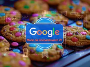 Uma imagem de cookies coloridos no fundo, com uma sobreposição digital. Em primeiro plano, um banner retangular azul com o logotipo do Google no centro contém o texto “Modo de Consentimento Google V2”. Os ícones de sobreposição incluem um cadeado, um gráfico, um envelope e uma lupa.