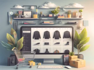 A stylised illustration of what is e-commerce, showing a large computer monitor displaying various shoes and clothes. Surrounding the screen are plants, books, a keyboard, a shopping trolley and packed boxes.