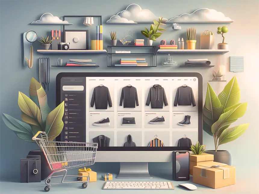 A stylised illustration of what is e-commerce, showing a large computer monitor displaying various shoes and clothes. Surrounding the screen are plants, books, a keyboard, a shopping trolley and packed boxes.
