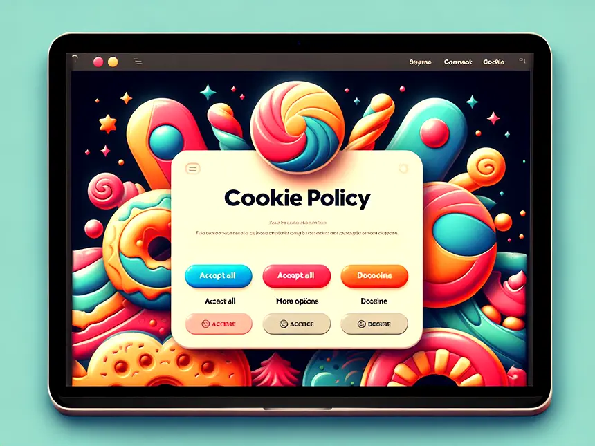 A tablet displaying a colourful, whimsical background with swirls and shapes reminiscent of sweets. A "cookie policy" pop-up appears in the centre with options to "accept all", "refuse" or view "more options" for user consent.