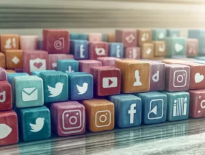 Blocos de madeira com ícones de redes sociais, como Twitter, Instagram, YouTube e Facebook, estão dispostos numa superfície reflexiva. Banhados por uma luz suave do canto superior direito, esses símbolos em tons pastéis capturam a essência das redes sociais e sugerem o mundo vibrante do e-commerce.