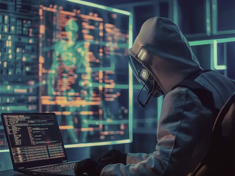 A hacker attacking cybersecurity, wearing a hood and mask, sits in front of a laptop with code on the screen, illuminated by the glow of a digital data display in a dark room