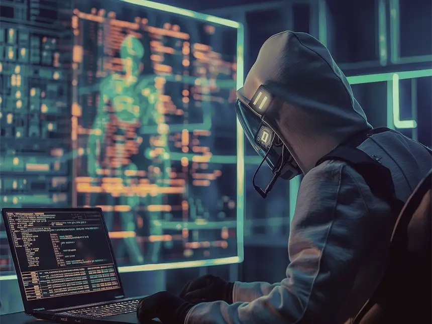 A hacker attacking cybersecurity, wearing a hood and mask, sits in front of a laptop with code on the screen, illuminated by the glow of a digital data display in a dark room