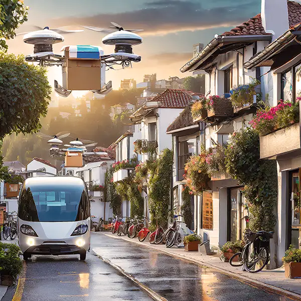 Drone estão a carregar encomendas numa rua também com uma carrinha eleétrica, num esforço para reduzir as emissões de CO2 no transporte de encomendas